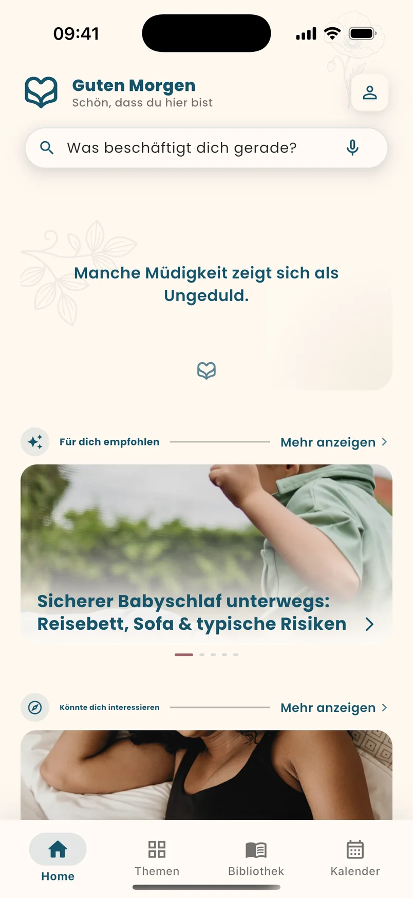 Startbildschirm der enuvia-App: Begrüßung „Guten Morgen“, ein Suchfeld mit der Frage, was gerade beschäftigt, darunter Empfehlungen und die untere Navigationsleiste.